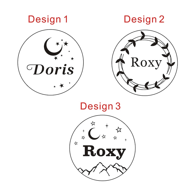 Puede incluir: Tres dise&ntilde;os circulares con arte lineal negro sobre fondo blanco. El dise&ntilde;o 1 presenta el nombre "Doris" con una luna creciente y estrellas. El dise&ntilde;o 2 tiene el nombre "Roxy" rodeado por una corona de hojas. El dise&ntilde;o 3 muestra "Roxy" con una luna, estrellas y una cordillera.