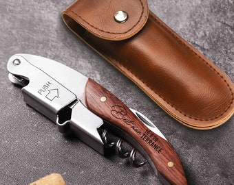 Personalised Corkscrew Engraved Wine Opener with Holster Wood Handle Bottle Opener Fathers Day Birthday wedding gift Best Man Groomsman Gift