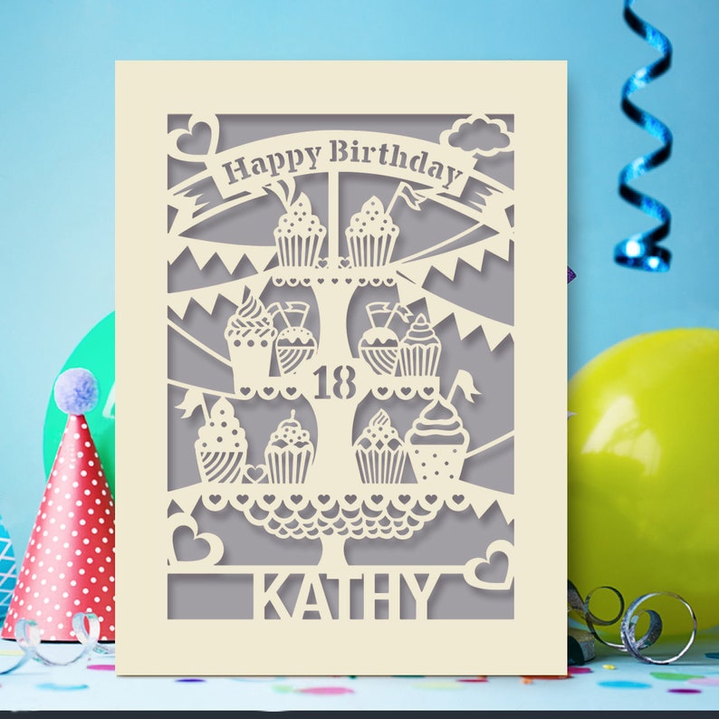 Personalised Birthday Card Laser Paper Cut Greeting Cards Happy Birthday Age Card Any Name Any Age 1st 16th 21st 30th 50th 70th 80th Grey