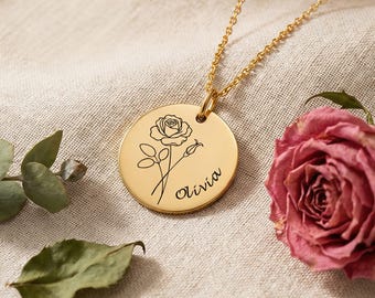 Personalised Birth Flower Necklace with Engraved Name, Custom Necklaces for Her, Birthday Gifts for her