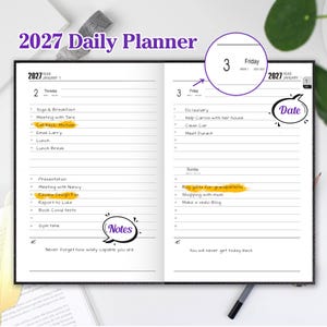 May include: A 2027 daily planner open to January 2nd and 3rd. The pages feature hourly schedules with handwritten tasks, yellow highlighted entries, and speech bubble graphics labeled Notes and Date. A circular inset highlights Friday the 3rd.