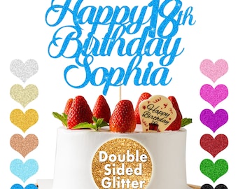 Personalised Happy Birthday Cake Topper with Any Name and Age Happy Birthday Cake Decoration 30th, 40th, 50th Double Sided Glitter Cake Sign