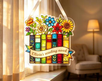 Personalised Suncatcher Book Lover Gifts, Acrylic Window Hanging Sun Catchers Garden Ornaments, Bookshelf Decor Reading Nook Sign