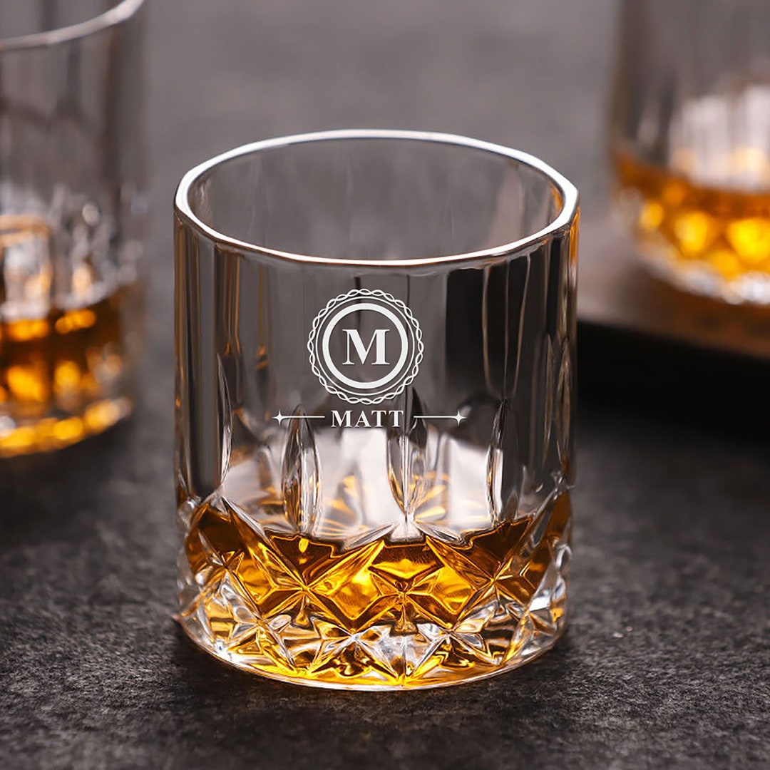 Personalised Engraved Scotch Glass - Custom Initials, Premium European Glass, 9cm Tall, Ideal Bourbon Whiskey Gift