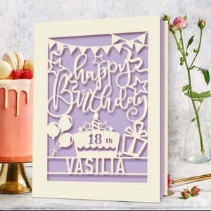 Personalised Birthday Card Laser Paper Cut Greeting Cards Happy Birthday Age Card Any Name Any Age 1st 16th 21st 30th 50th 70th 80th Lilac Purple