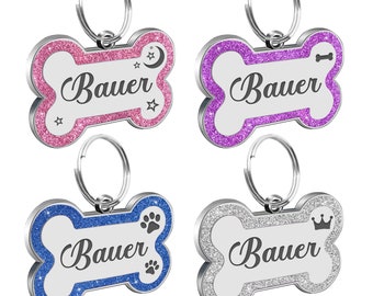 Dog Tags for Pets Engraved UK Personalised ID Tags for Dogs with Any Name & Text Dog Collar Glitter Bone Dog Tag Custom Stainless Steel