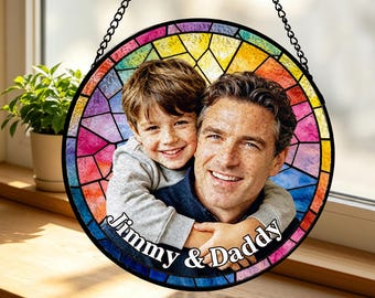 Personalised Family Stained Glass Sun Catcher, Fathers Day Photo Gifts from Daughter Son Wife, Photo Frame Gifts for Birthday Christmas