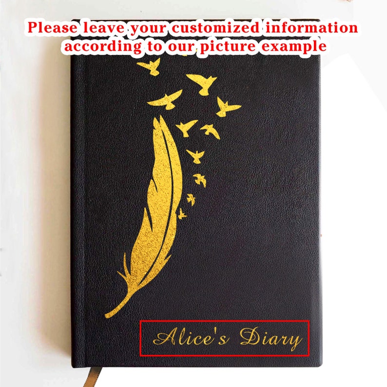 May include: A black notebook featuring a gold-colored graphic of a single feather transforming into a flock of small birds flying upward. The text "Alice's Diary" is printed in gold at the bottom, with instructions at the top to leave custom information.