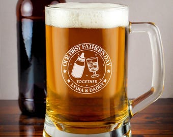 Personalised Beer Glass, First Fathers Day Dad Gifts from Baby, Laser Engraved Pint Glass Beer Mug Pint Glass Gifts for Father's Day
