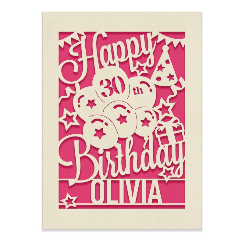 May include: A pink and cream card with a cut-out design. The card says "Happy 30th Birthday Olivia" with balloons, stars, and a party hat.