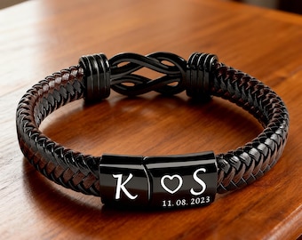 Personalised Mens Bracelet Valentines Gifts for Him, Engraved Leather Bracelets Gifts for Boyfriend Men, Him, Husband
