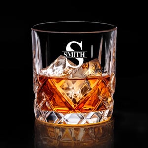 May include: A clear glass rocks glass with a diamond pattern. The glass is filled with amber liquid and ice. The glass has a white monogram with the letter "S" and the word "SMITH" underneath.