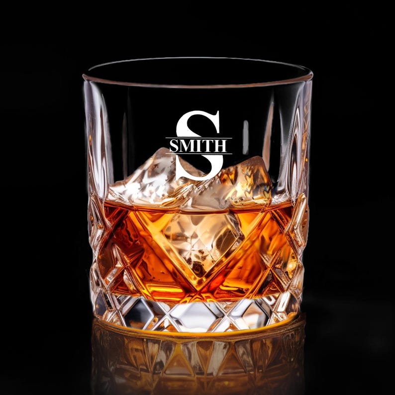 May include: A clear glass rocks glass with a diamond pattern. The glass is filled with amber liquid and ice. The glass has a white monogram with the letter "S" and the word "SMITH" underneath.