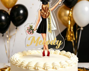 Personalised Graduation Cake Topper, Class of 2026 Acrylic Cake Decorations with Any Name, Custom Hair or Robe Color, Graduation Decorations