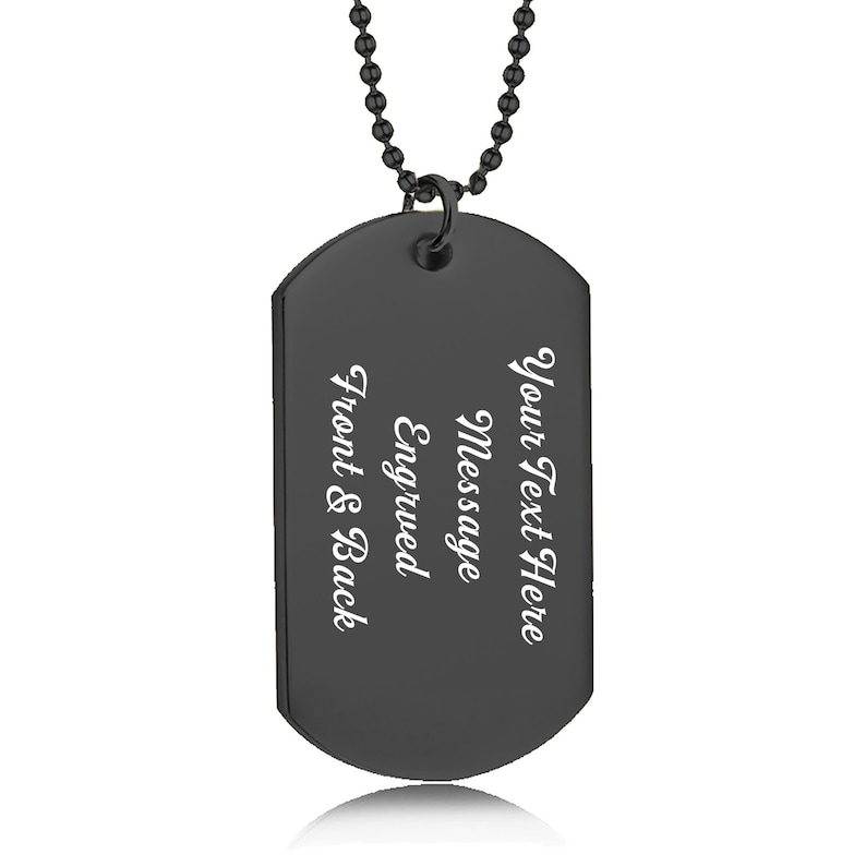 K&ouml;nnte beinhalten: Schwarze Metall-Hundeanh&auml;nger-Kette mit Kugelkette. Der Anh&auml;nger ist mit dem Text "Your Text Here" und "Message Engraved Front & Back" graviert.