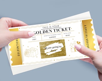 Personalised Golden Ticket Scratch Card Reveal, Surprise Scratch Cards with Envelope for Birthday Valentines