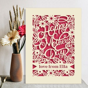 Personalised Happy Mothers Day Card | Laser Papercut with Flower Design Customized Any Name with Envelopes | Custom Lovely Gift