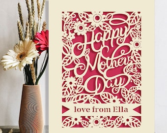 Personalised Happy Mothers Day Card | Laser Papercut with Flower Design Customized Any Name with Envelopes | Custom Lovely Gift