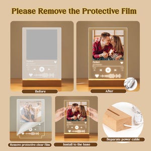 May include: A clear acrylic photo frame with a wooden base, displaying a couple's photo and a music player interface. The text "Perfect" and "Ed sheeran" are visible. The frame is shown before and after removing the protective film.