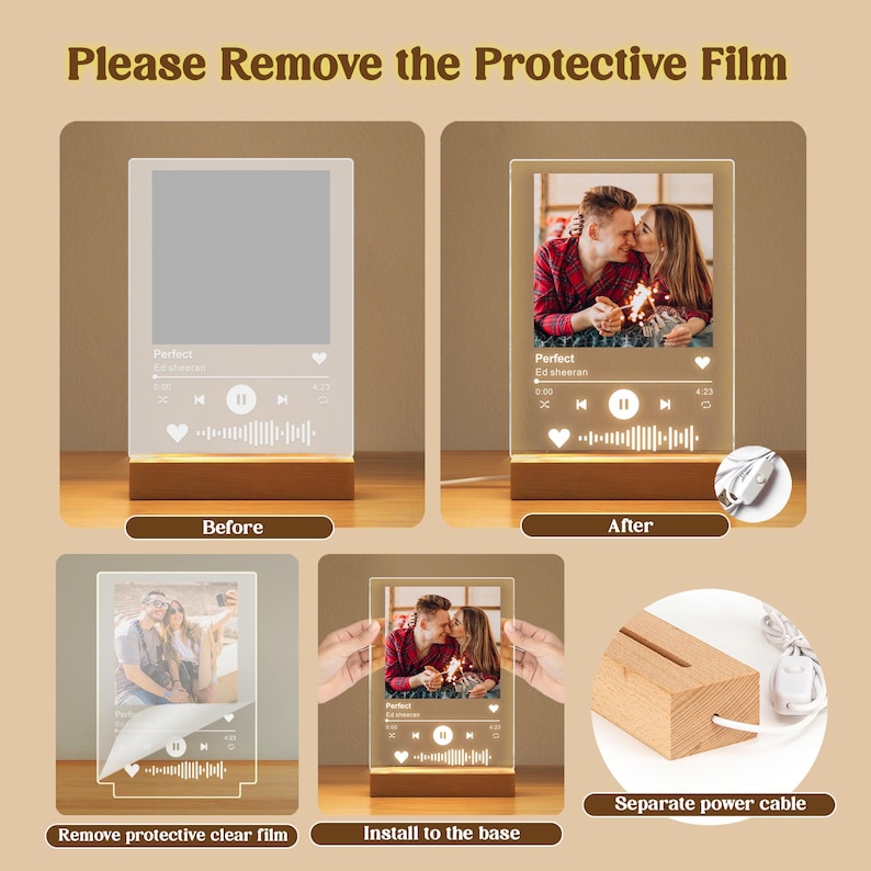 May include: A clear acrylic photo frame with a wooden base, displaying a couple's photo and a music player interface. The text "Perfect" and "Ed sheeran" are visible. The frame is shown before and after removing the protective film.