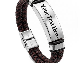 Personalised Mens Bracelets Dad Gifts from Daughter Son, Mens Leather Bracelet with Engraved Text, Gifts for Men, Dad