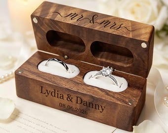 Personalised Wedding Ring Box for 2 rings, Wooden Double Ring Box, Engraved Ring Storage Box, Mr and Mrs Gifts for Proposal Engagement