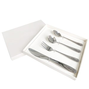 Personalised Kids Cutlery Set Stainless Steel Flatware 4pcs Set Tableware Toddler Utensils in Presentation Box with Symbol and Child's Name image 9