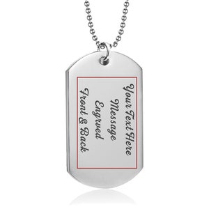 K&ouml;nnte beinhalten: Silberne Hundemarke Halskette mit rotem Rand um den gravierten Bereich. Der Text auf der Marke lautet "Your Text Here Message Engraved Front & Back".