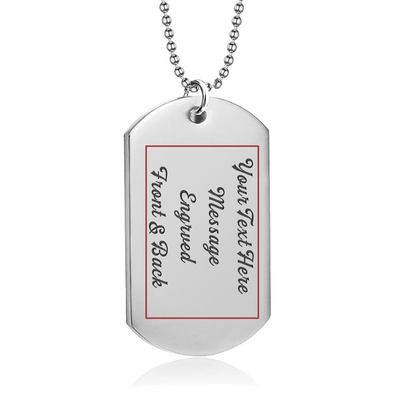 K&ouml;nnte beinhalten: Silberne Hundemarke Halskette mit rotem Rand um den gravierten Bereich. Der Text auf der Marke lautet "Your Text Here Message Engraved Front & Back".