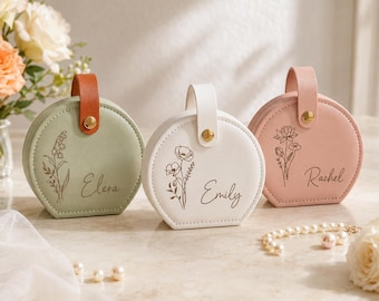 Personalised Jewellery Box for Women, Jewellery Travel Case with Name & Birthflower, Leather Mini Jewellery Organiser Gifts