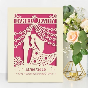 Personalised Papercut Wedding Card, Laser Cut Wedding Anniversary Card, Engagement Card, Paper Cut Cards for Newlyweds, 6 colors available.