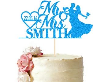Personalised Wedding Cake Topper, Bride and Groom Cake Topper, MR & MRS Wedding Anniversary Engagement Cake Toppers Glitter Cake Decorations