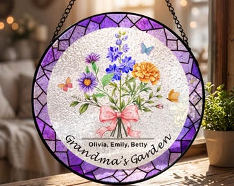 Personalised Suncatcher Garden Gifts for Birthday, Sun Catchers for Windows with Birth Flower, Stained Glass Suncatcher for Home Decor