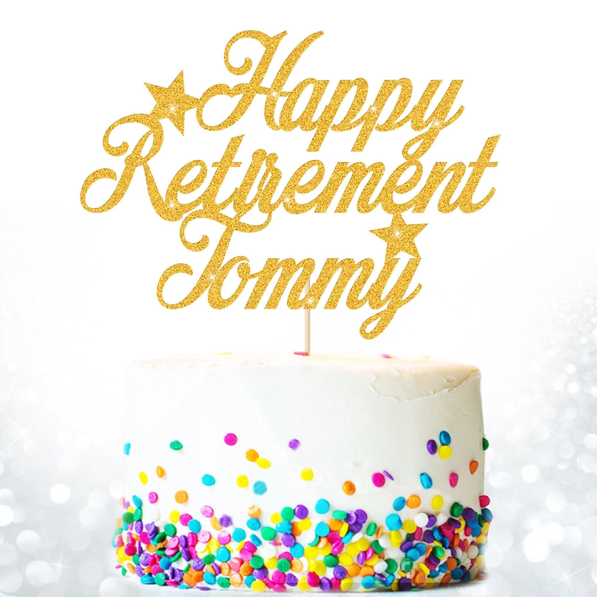 Happy Retirement Cake Topper | Gold Glitter Decor | Retire Party Favors & Supplies