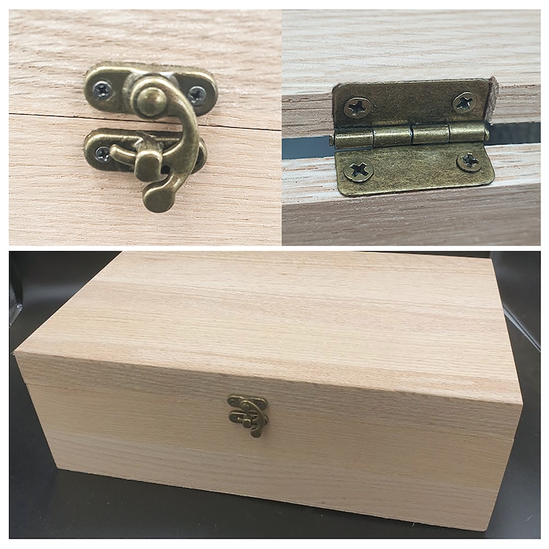 May include: A wooden box with a hinged lid and a brass latch. The box is made of light wood and has a natural finish. The lid is closed and the latch is in the closed position.