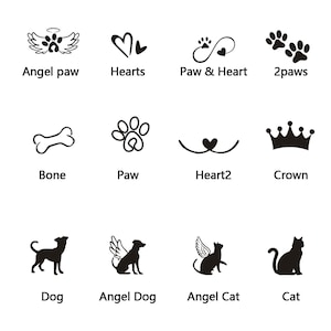 Puede incluir: Una colecci&oacute;n de gr&aacute;ficos en blanco y negro con tem&aacute;tica de mascotas. Los dise&ntilde;os incluyen alas de &aacute;ngel con huellas de patas, corazones, huellas de patas, un hueso, una corona y siluetas de un perro y un gato, con etiquetas de texto.