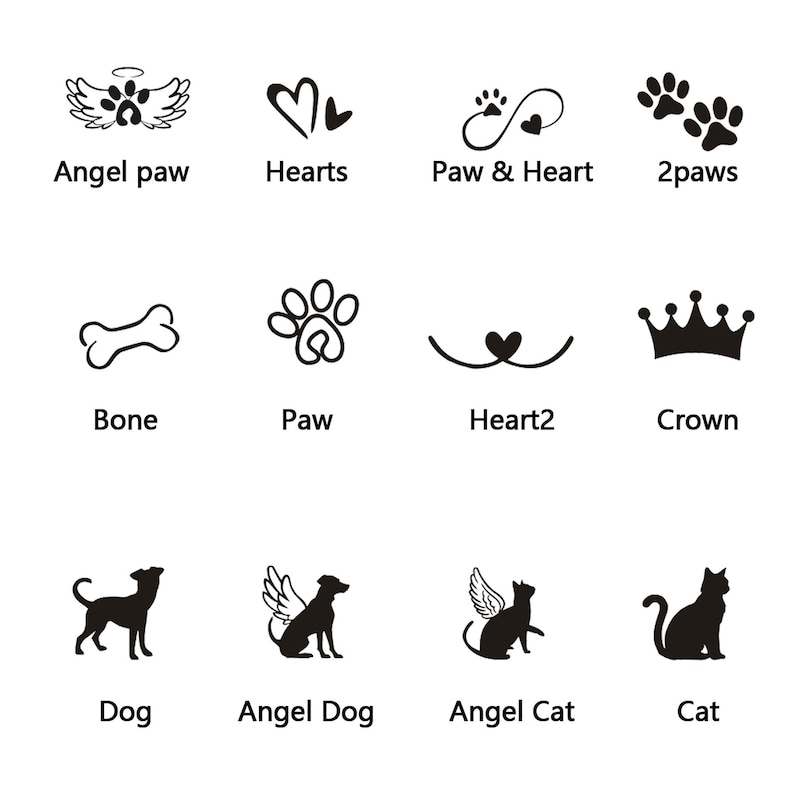 Puede incluir: Una colecci&oacute;n de gr&aacute;ficos en blanco y negro con tem&aacute;tica de mascotas. Los dise&ntilde;os incluyen alas de &aacute;ngel con huellas de patas, corazones, huellas de patas, un hueso, una corona y siluetas de un perro y un gato, con etiquetas de texto.