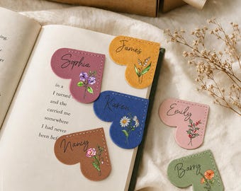Personalised Birthday Bookmark Gifts, Leather Book Mark with Birth Flower Gift for Women Men, Corner Page Bookmarks Gifts for Book Lovers