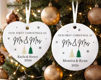 Personalised First Christmas as Mr and Mrs, Ceramic Christmas Baubles Tree Decorations 2026, First Christmas Married Ornament