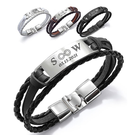 Amazon.com: EDSG Personalized Mens Bracelet | Leather Engraved Bracelet  Gift for DAD | ID Identity, Customised Monogram, Birthday,  Wedding,Christmas: Clothing, Shoes & Jewelry