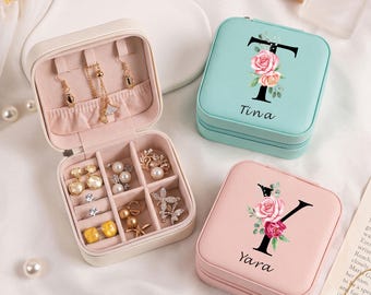 Personalized Monogram Jewelry Box - Custom Name Bridesmaid Gift, Small Travel Jewelry Case, Blush Pink Velvet Initial Organizer