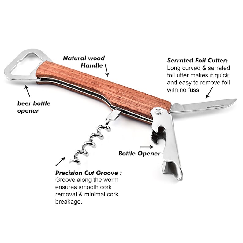 May include: A multi-tool bottle opener with a wooden handle. It features a bottle opener, a corkscrew, and a serrated foil cutter. The tool is labeled "Natural wood Handle", "Serrated Foil Cutter", "Precision Cut Groove", and "Bottle Opener".