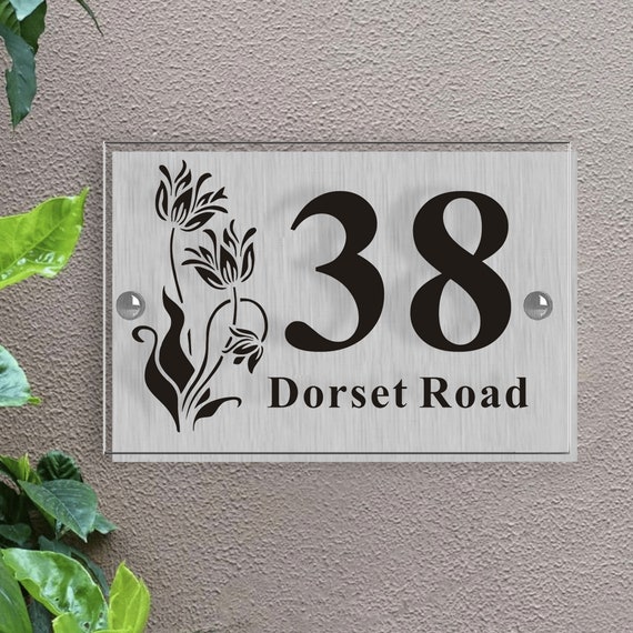 thumbnail image 2 of Personalised Modern House Sign - Brushed Silver Effect - W/Rectangle Acrylic - Name & Number 2 of 5