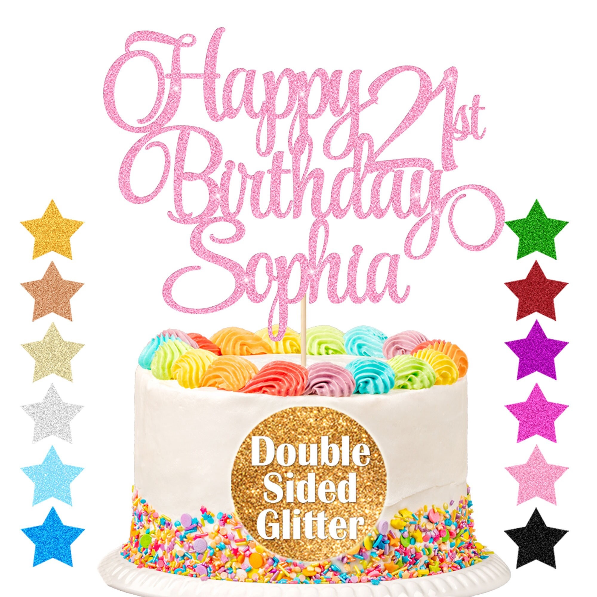 Happy Birthday Cake Topper Set With Pink and Orange Balloons, Gold Happy  Birthday Script Cake Topper 