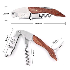 May include: A silver and wood wine opener with a corkscrew, a foil cutter, and a bottle opener. The opener is 11.9 inches long and has a wooden handle. The handle has a push button to release the cork.