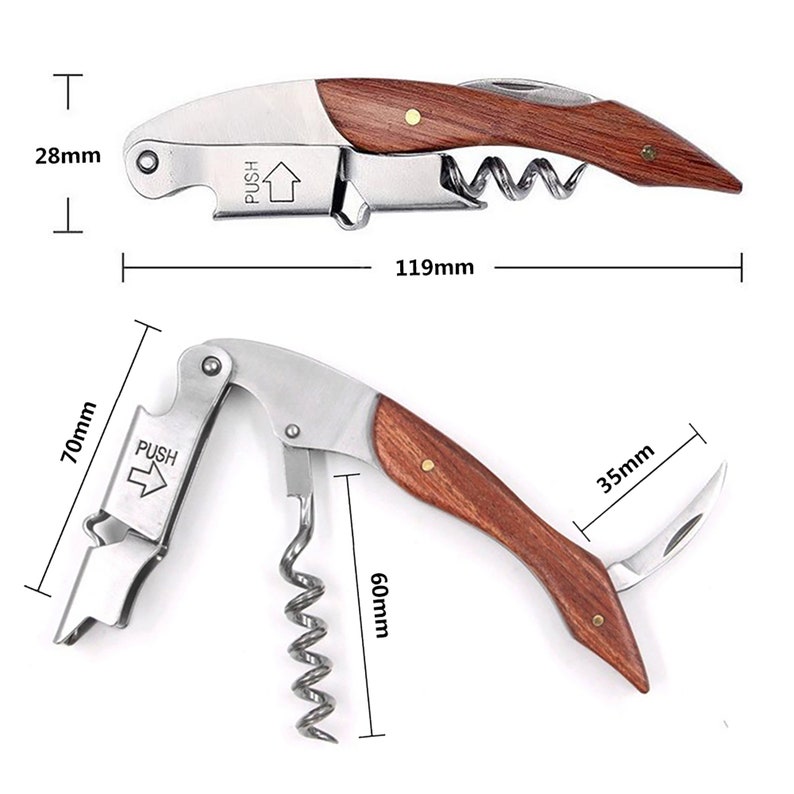 May include: A silver and wood wine opener with a corkscrew, a foil cutter, and a bottle opener. The opener is 11.9 inches long and has a wooden handle. The handle has a push button to release the cork.