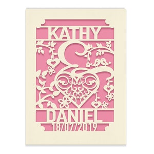 Personalised Papercut Wedding Card, Laser Cut Wedding Anniversary Card, Engagement Card, Paper Cut Cards for Newlyweds Candy Pink