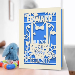 Personalised Papercut Welcome New Baby Card, Laser Cut Baby Girl Birthday Card, Custom Any Name Any Date Any Weight, Gift for Baby.