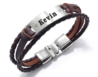 Personalised Mens Bracelet Engraved Leather Bracelet Gifts for Him Man Dad Boyfriends Custom Gift for Birthday Christmas 5 Fonts Available