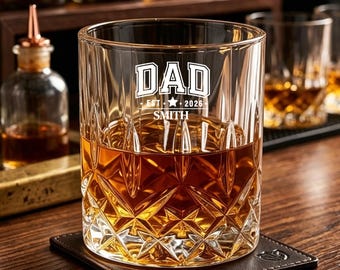 Personalised Whiskey Glass for Men, Fathers Day Glasses Gifts for Daddy Dad, 7oz/210ml Engraved Whisky Tumbler Glass, Personalised Glasses